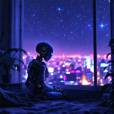 The primary subject of the image is a robot sitting on a bed, looking out the window at the city lights. The setting is a bedroom with a potted plant nearby. The visual style is a digital art or illustration, creating a futuristic and surreal atmosphere. The colors are predominantly blue and purple, with the city lights adding a vibrant touch to the scene.